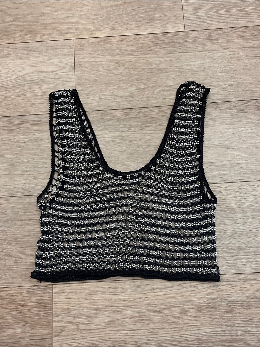 Y2K Black Silver Beaded Crochet Sheer Crop Tank Top Indie Sleaze